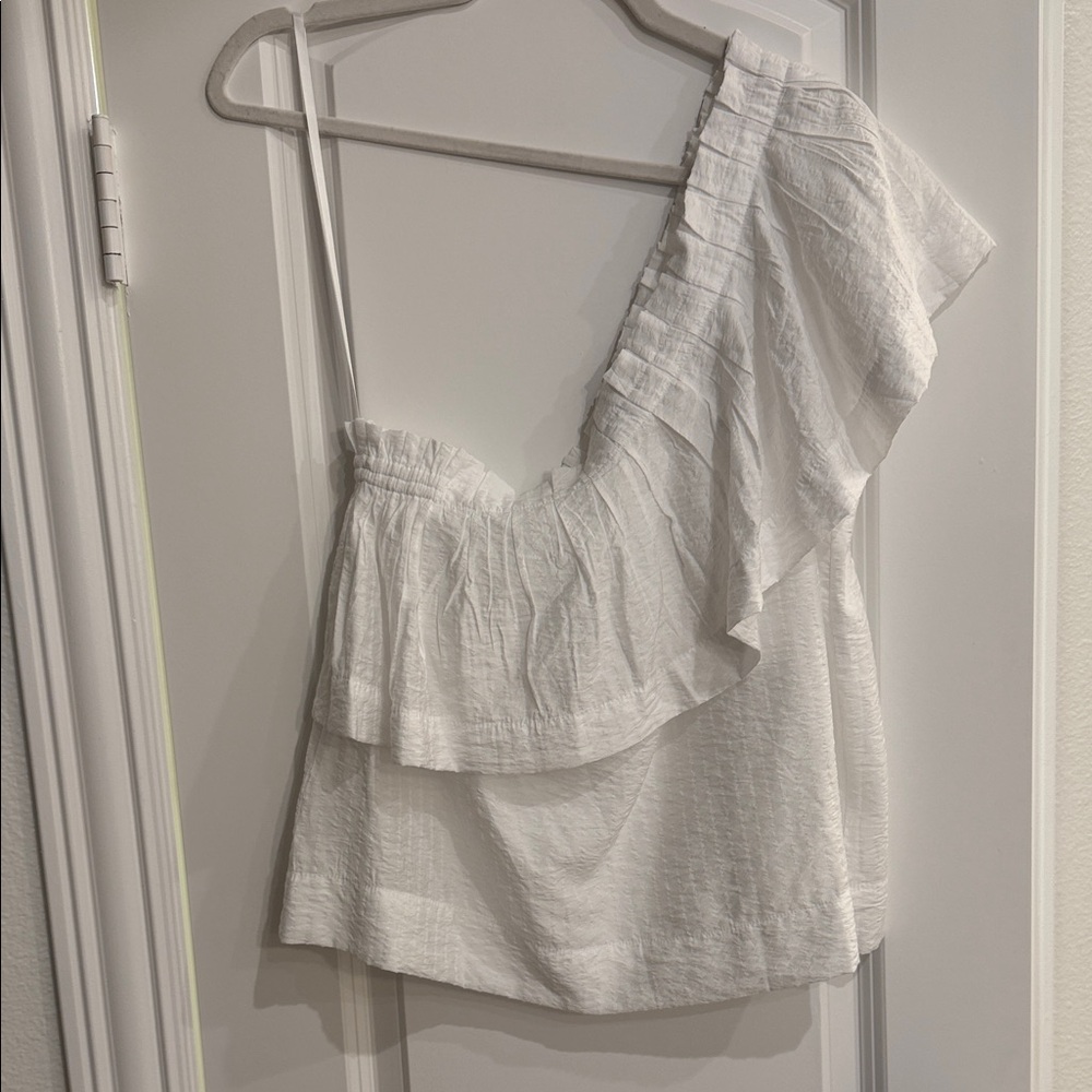 LOFT White Ruffle One-Shoulder Blouse